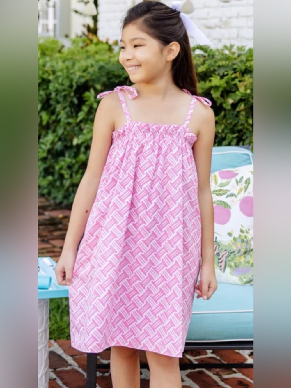 Size 8 Lainey’s little dress in basket weave Pink Tie-Shoulder dress.